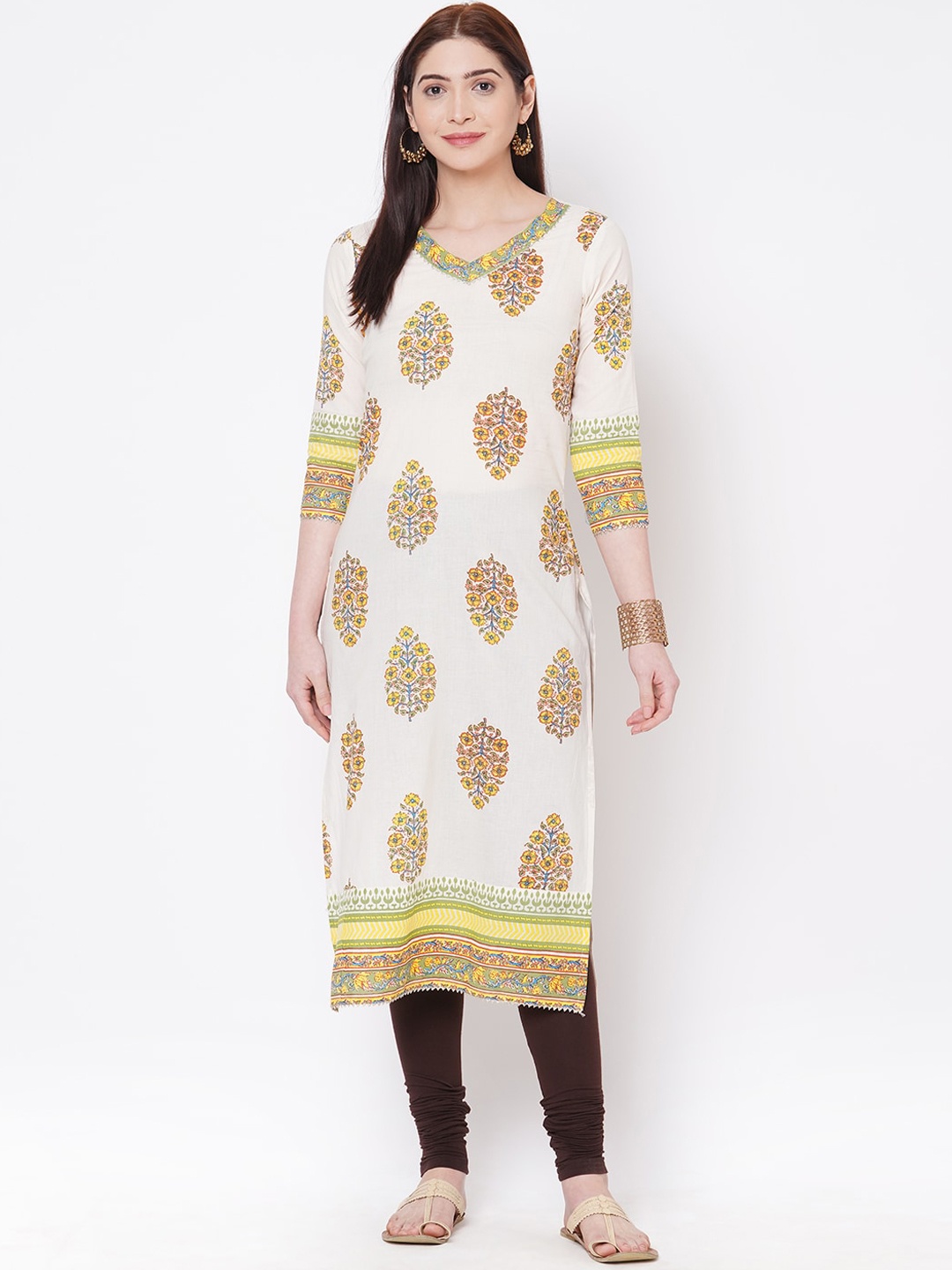 

FASHOR Women Off-White & Yellow Printed Straight Kurta