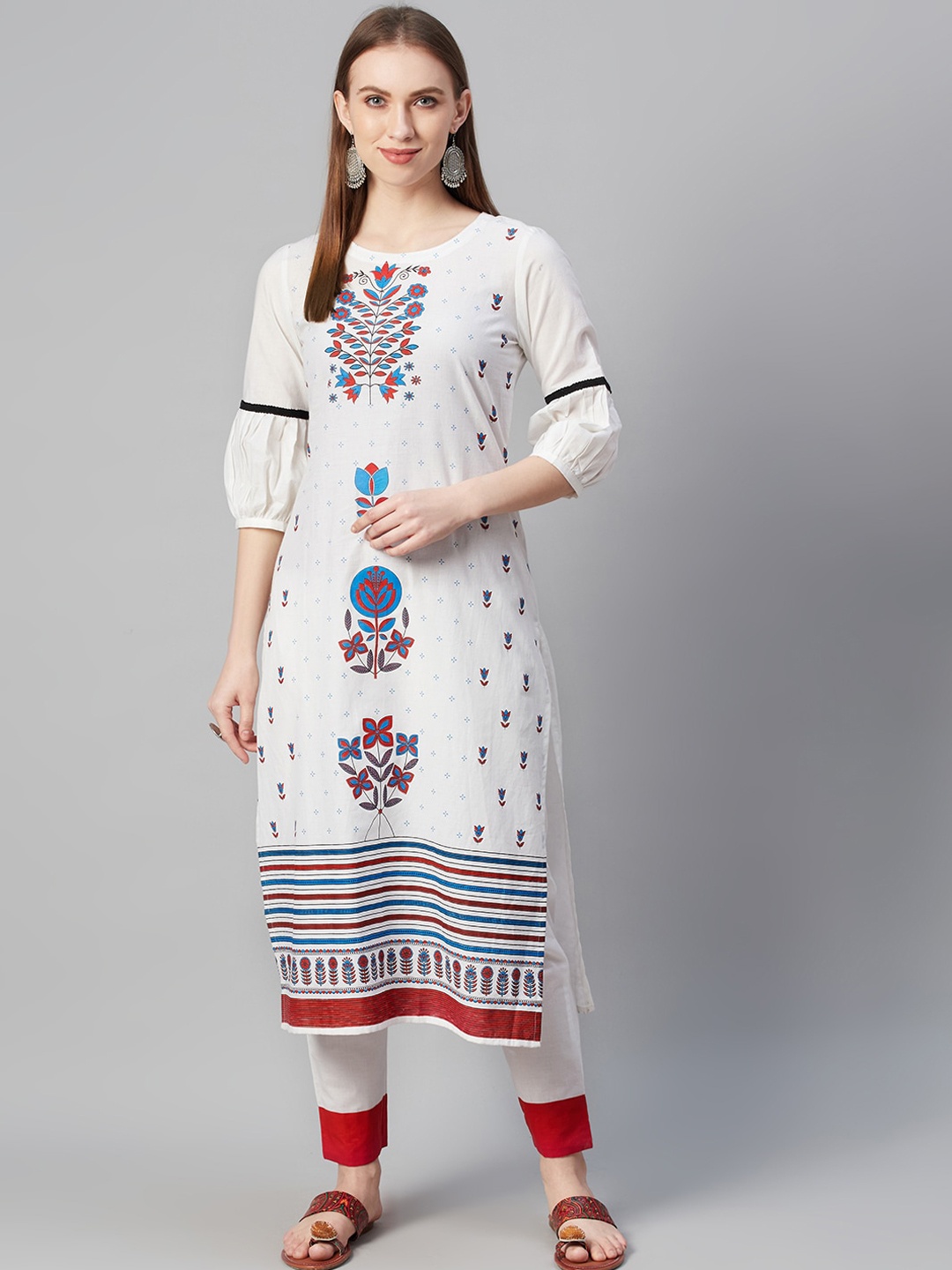 

ZIYAA Women White Khari Print Straight Kurta