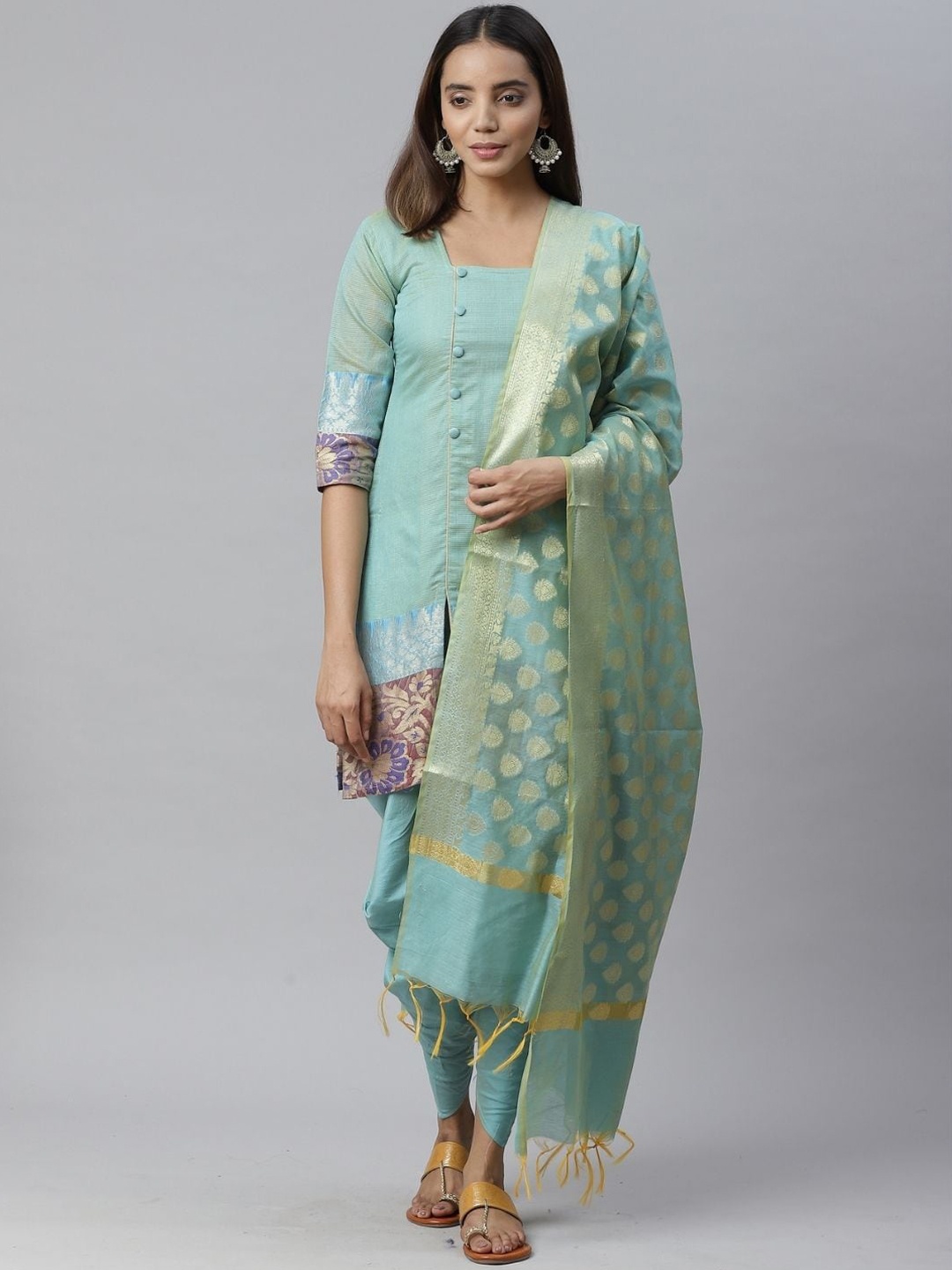 

Chhabra 555 Women Teal Woven Design Kurti with Dhoti Pants & Dupatta