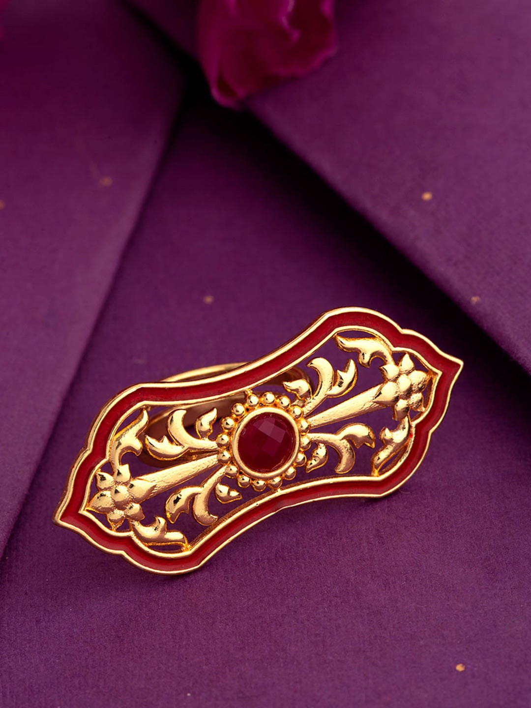 

Voylla Gold Plated Red Stone Studded Filigree Finger Ring