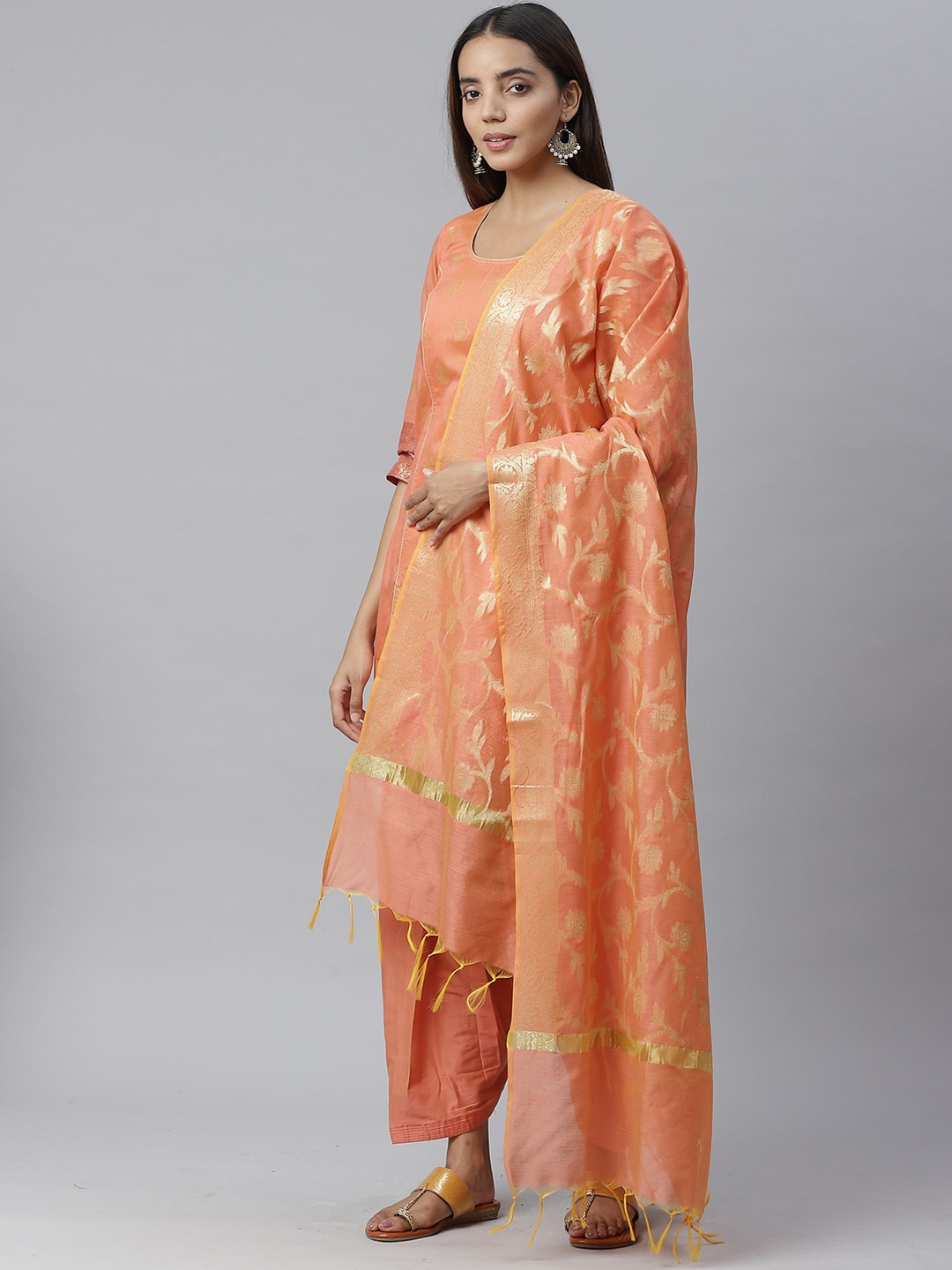 Chhabra 555 Women Orange Woven Design Kurta with Trousers & Dupatta