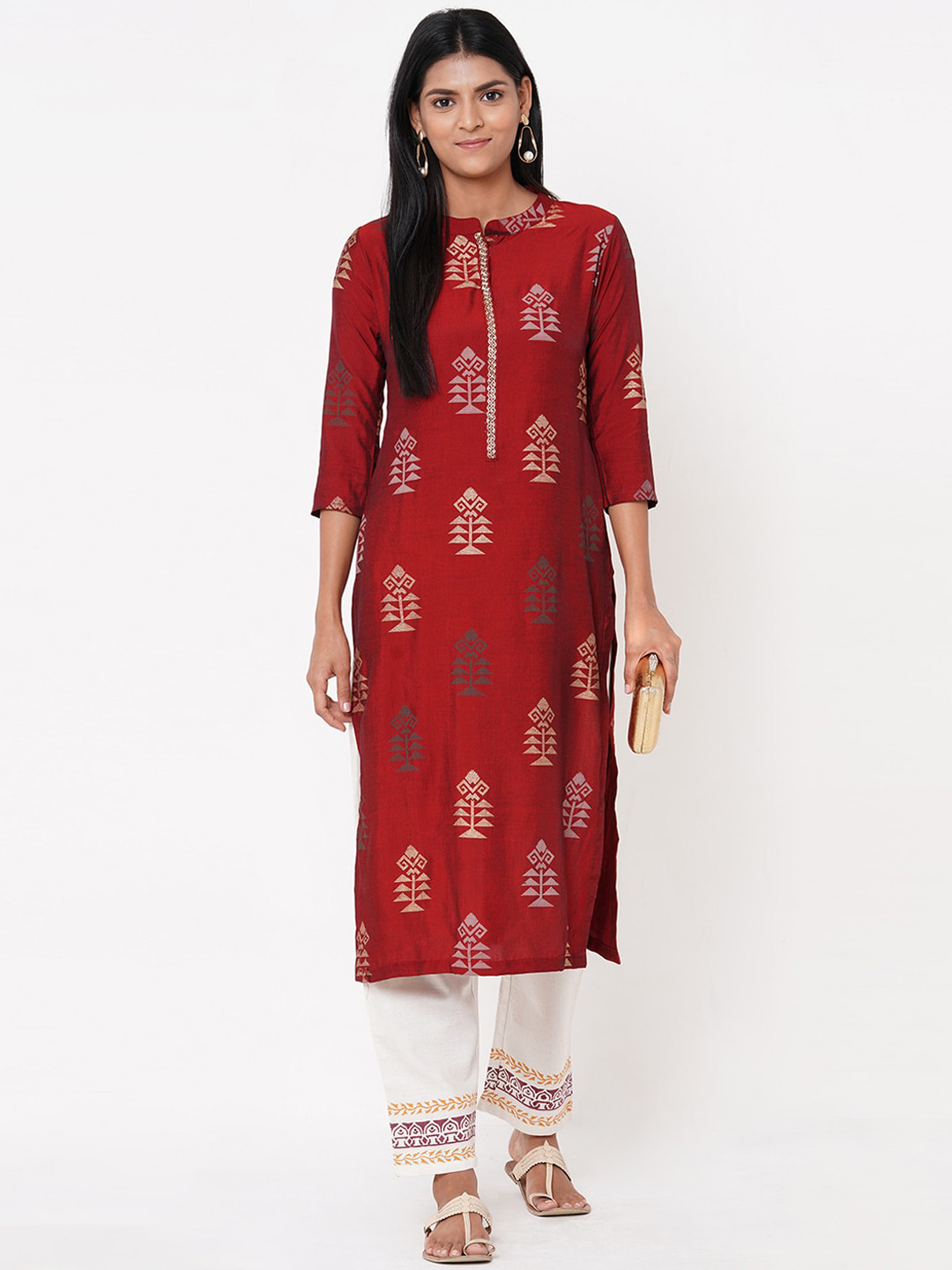 

FASHOR Women Maroon Printed Straight Kurta