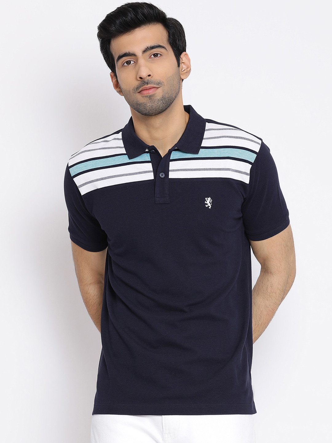 

Red Tape Men Navy Blue Striped Polo Collar Cotton Pure Cotton T-shirt