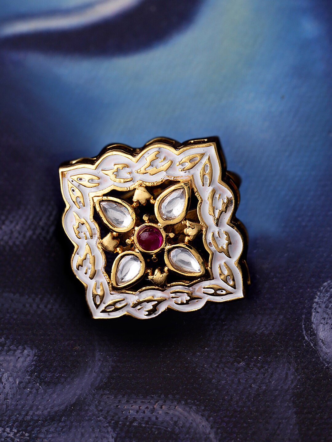 

Voylla Gold-Plated White & Pink Kundan Studded Adjustable Finger Ring