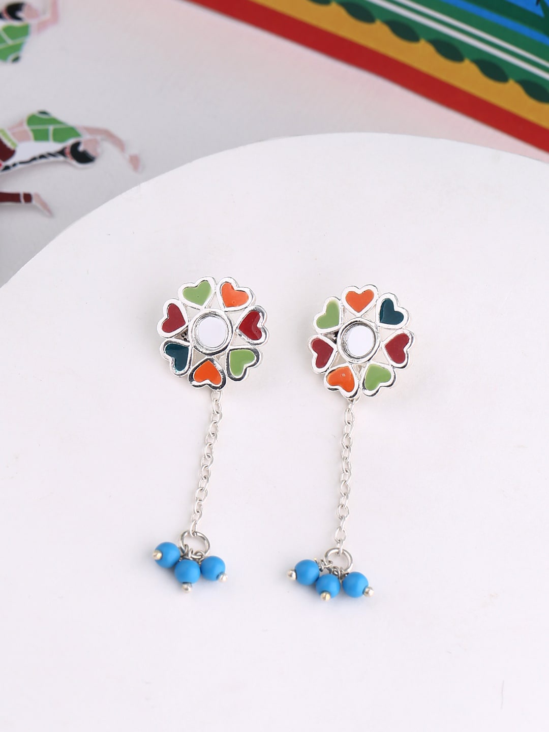 Voylla Silver-Toned & Blue Geometric Drop Earrings