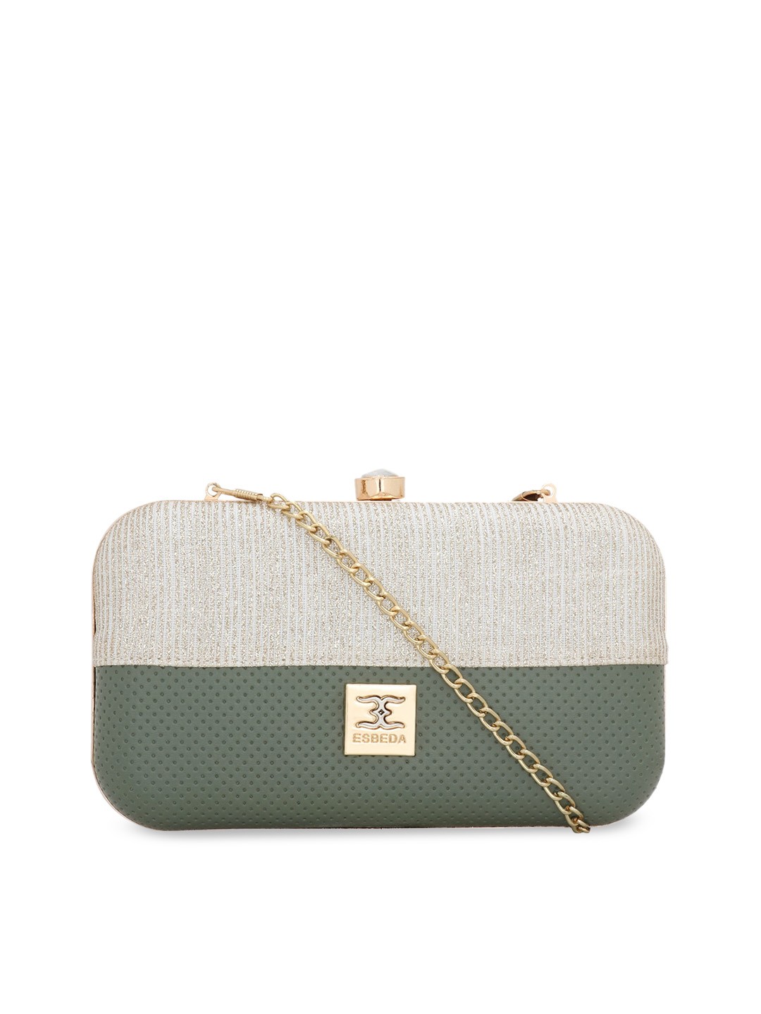 

ESBEDA Women Olive Green & Beige Solid Glitter Box Clutch