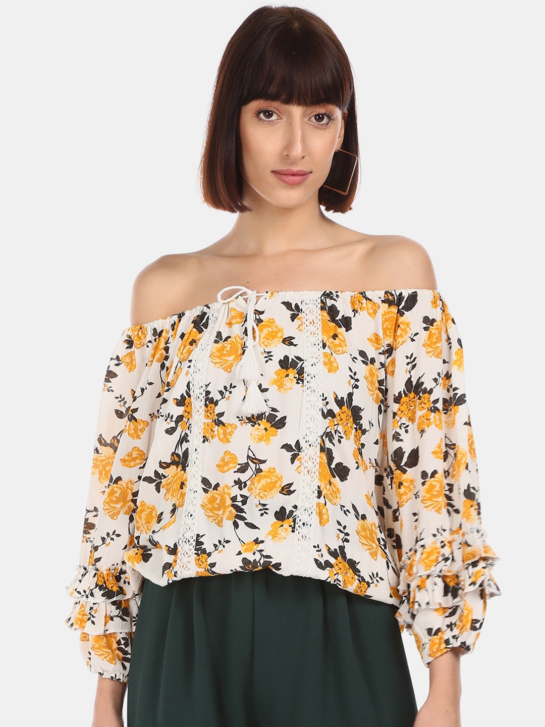 

Cherokee Women Off-White Floral Printed Bardot Top