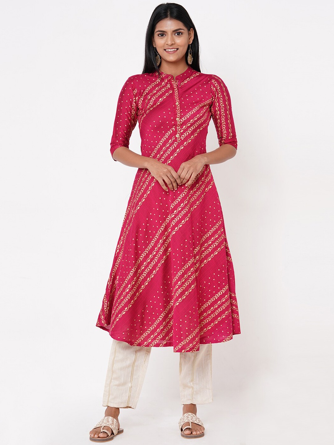 

FASHOR Women Pink Foil Printed A-Line Kurta