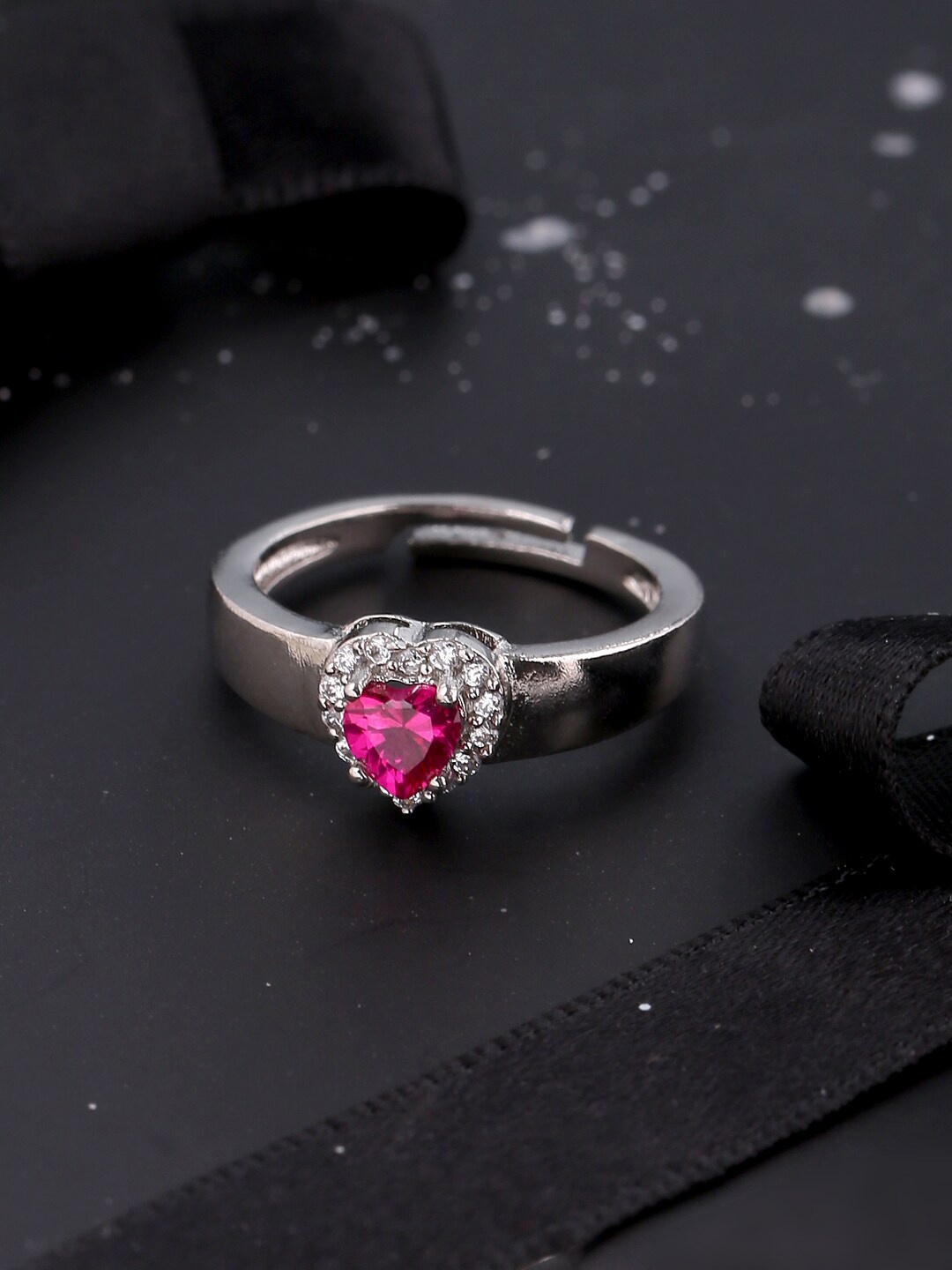 

Voylla Silver-Plated White & Pink CZ Studded Love Knots Adjustable finger Ring