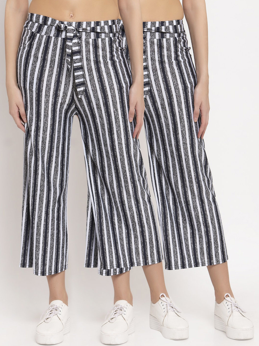 

KLOTTHE Women Pack of 2 Grey & Black Striped Wide Leg Palazzos
