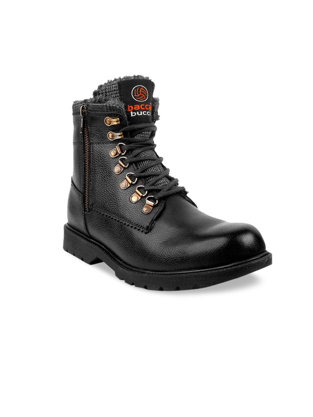 bacca bucci Men Black Solid Leather Mid-Top Flat Boots