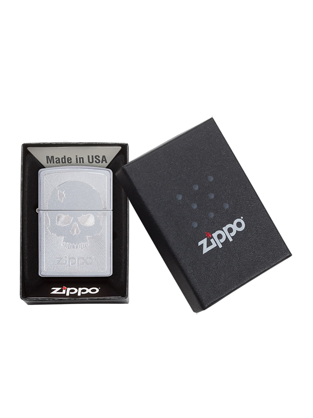 

Zippo Silver-Toned Skull with Lines Satin Chrome Pocket Lighter