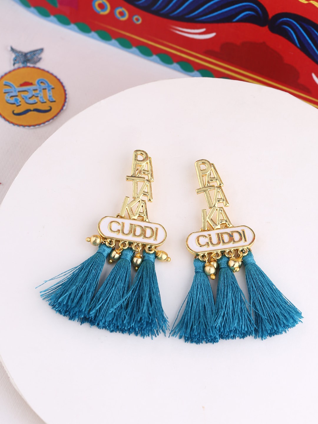 

Voylla Blue Taselled Gold Plated Contemporary Drop Earrings
