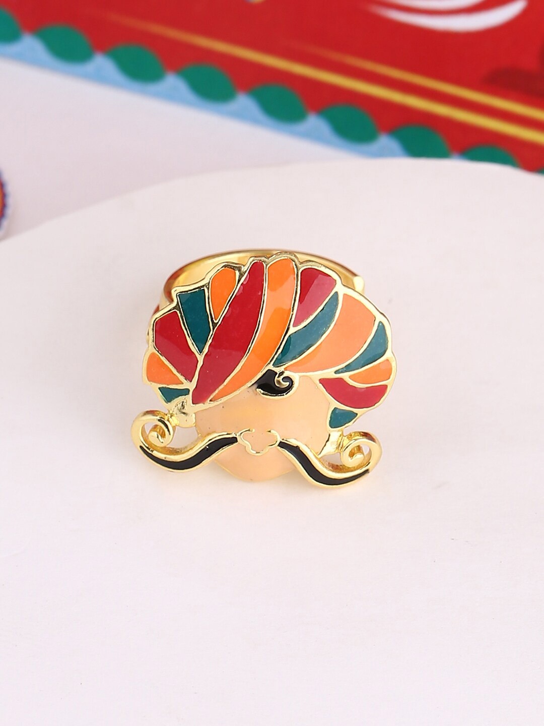 

Voylla Gold-Plated Red & Orange Truck Art Turbaned Man Statement Finger Ring