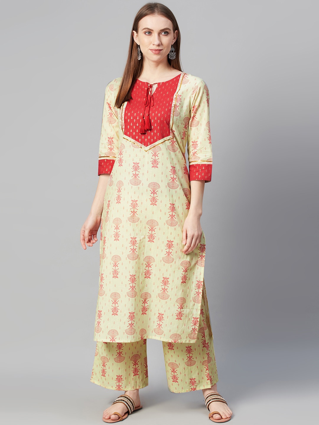 

ZIYAA Women Yellow & Red Screen Print Straight Kurta