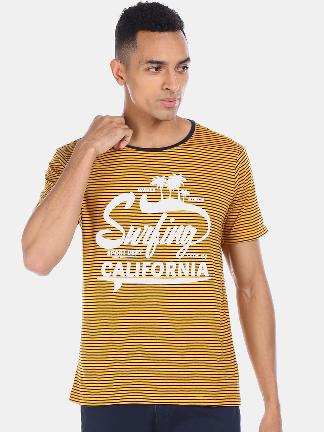 

Cherokee Men Mustard Yellow Striped Round Neck T-shirt