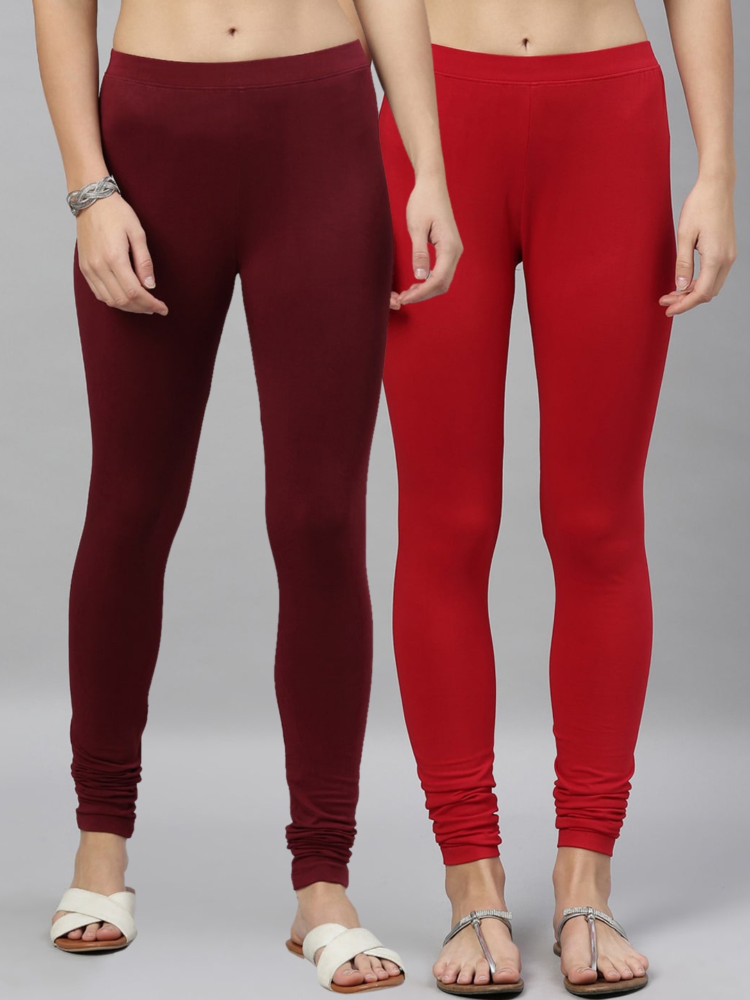 Kryptic Women Pack Of 2 Solid Churidar-Length Leggings, Maroon