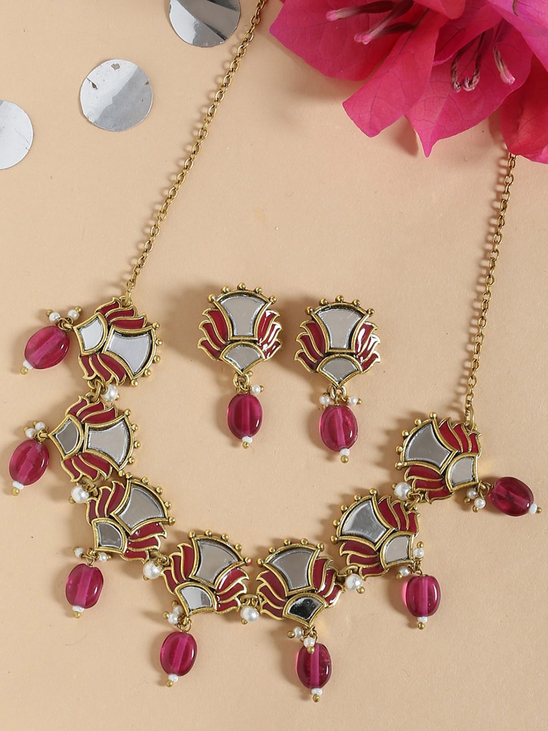 

Voylla Gold-Plated Maroon & Pink Thikri Looping Moons Enameled Jewellery Set