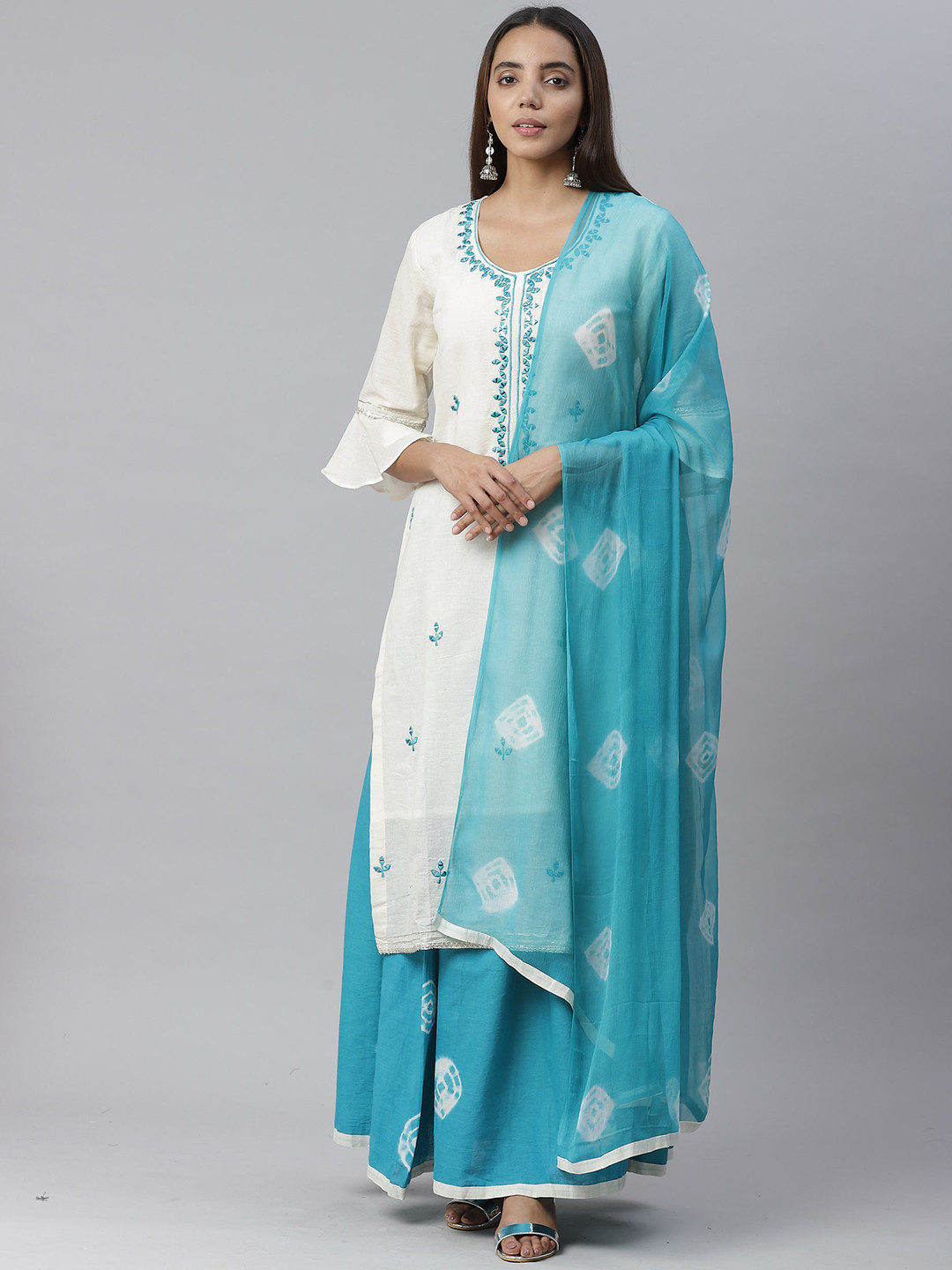 

Chhabra 555 Women Cream-Coloured & Turquoise Blue Embroidered Kurta with Palazzos & Dupatta