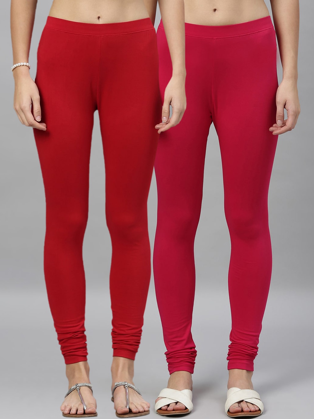 

Kryptic Women Pack Of 2 Solid Churidar-Length Leggings, Red