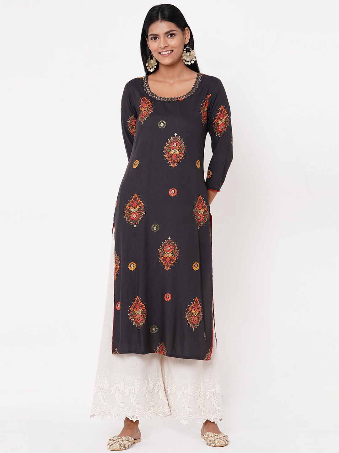 

FASHOR Women Grey & Red Embellished Straight Kurta