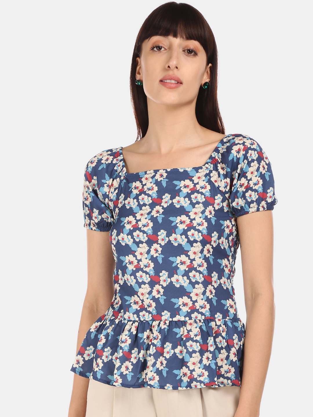 

Sugr Women Navy Blue Printed Peplum Top