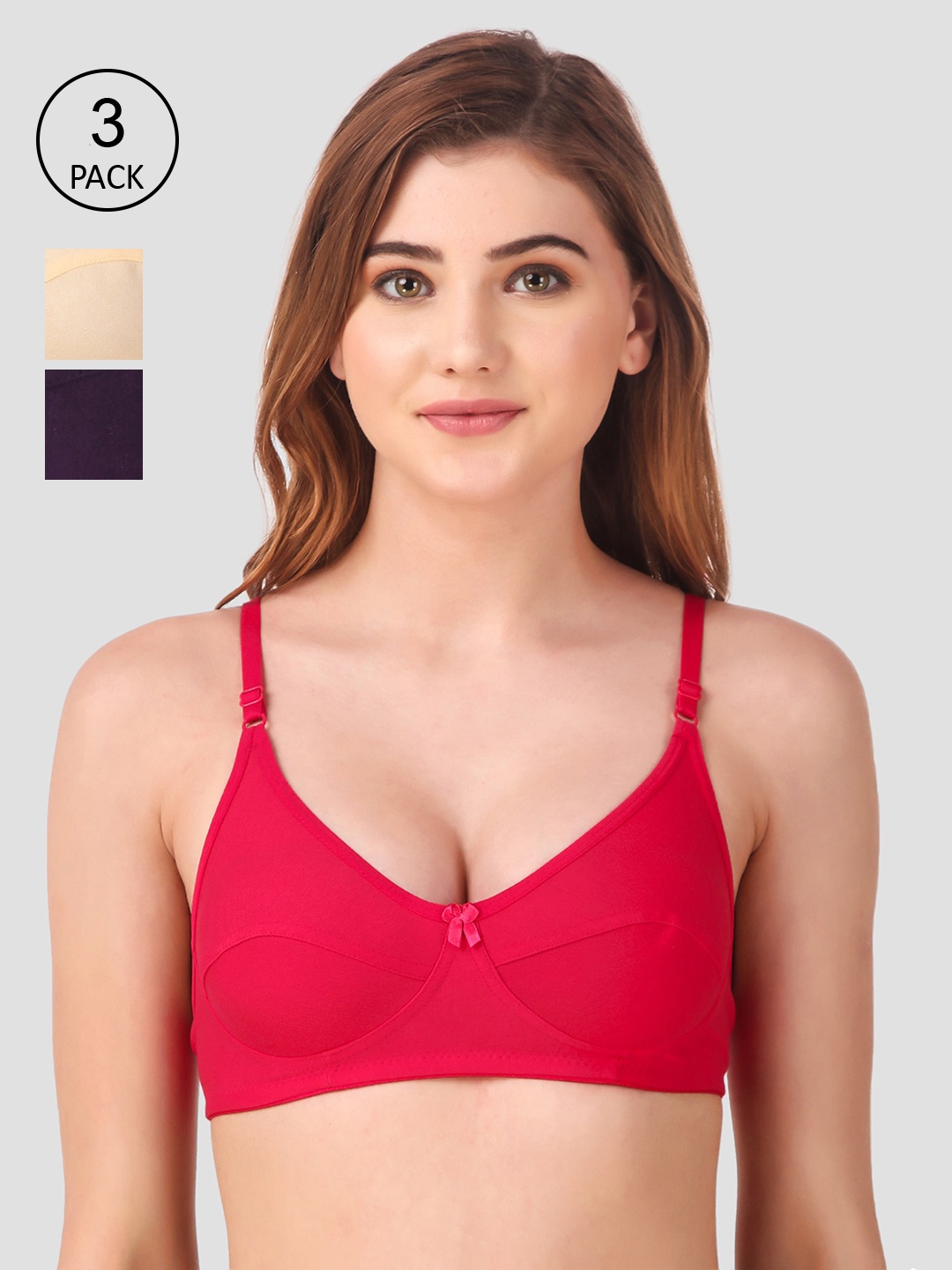 Fasense Pack Of 3 Solid Non-Padded Non-Wired Everyday Bras-BVCOM012D, Purple