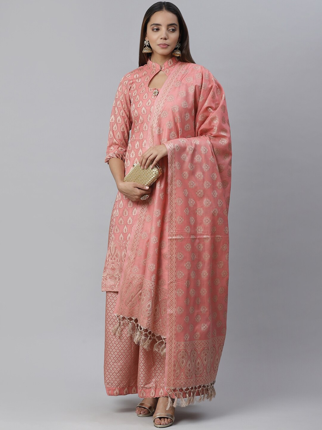

Chhabra 555 Women Pink Woven Design Handloom Chanderi Kurta with Palazzos & Dupatta