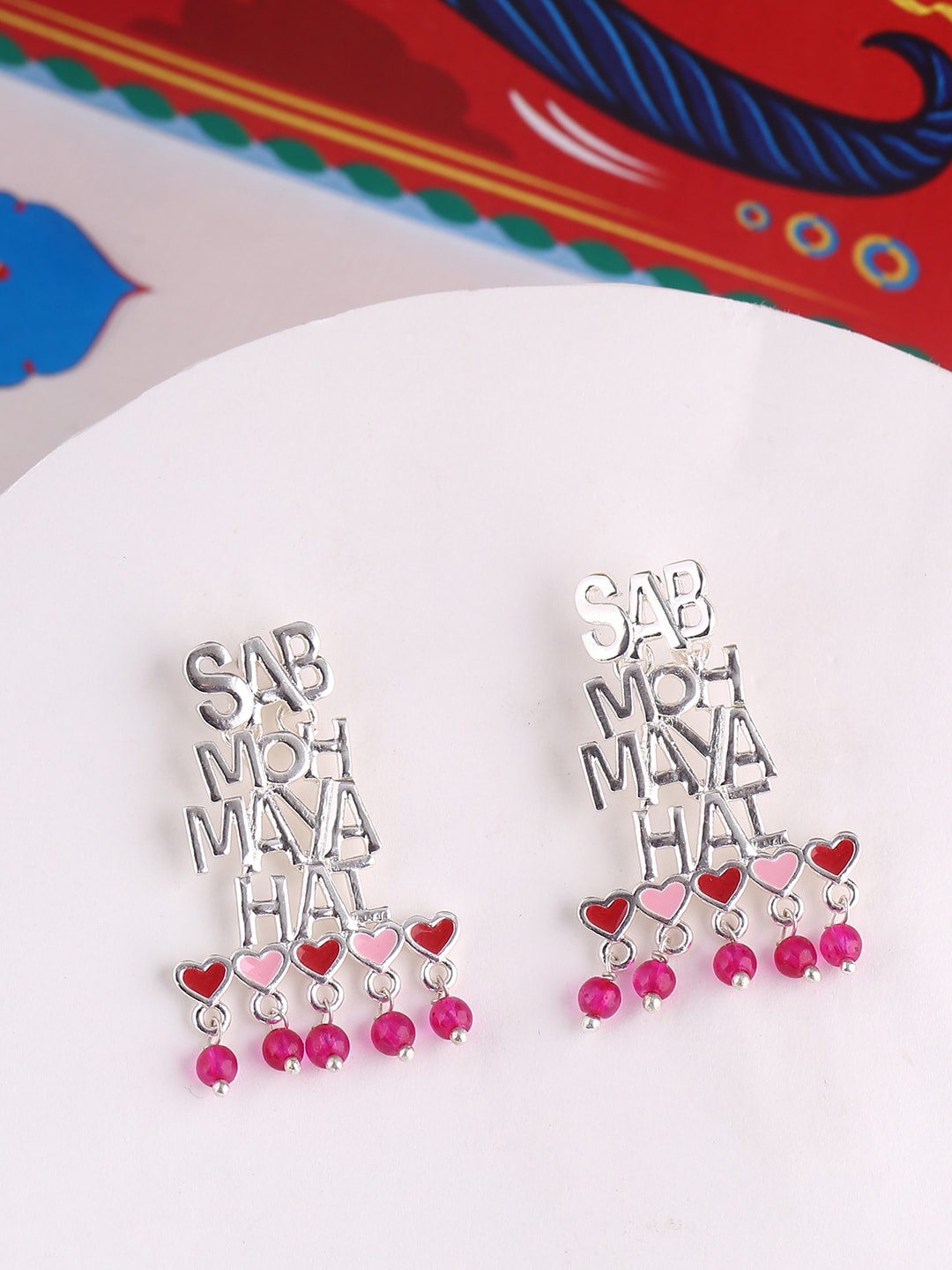Voylla Silver-Plated & Pink Contemporary Drop Earrings