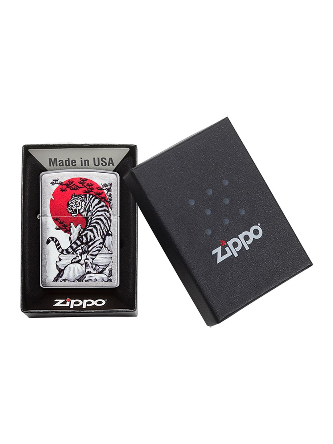 

Zippo White & Black Asian Tiger Design Brushed Chrome Pocket Lighter