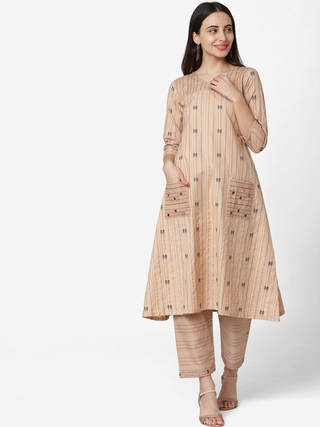 

Saanjh Women Brown Striped Regular Thread Work Kurta with Trousers