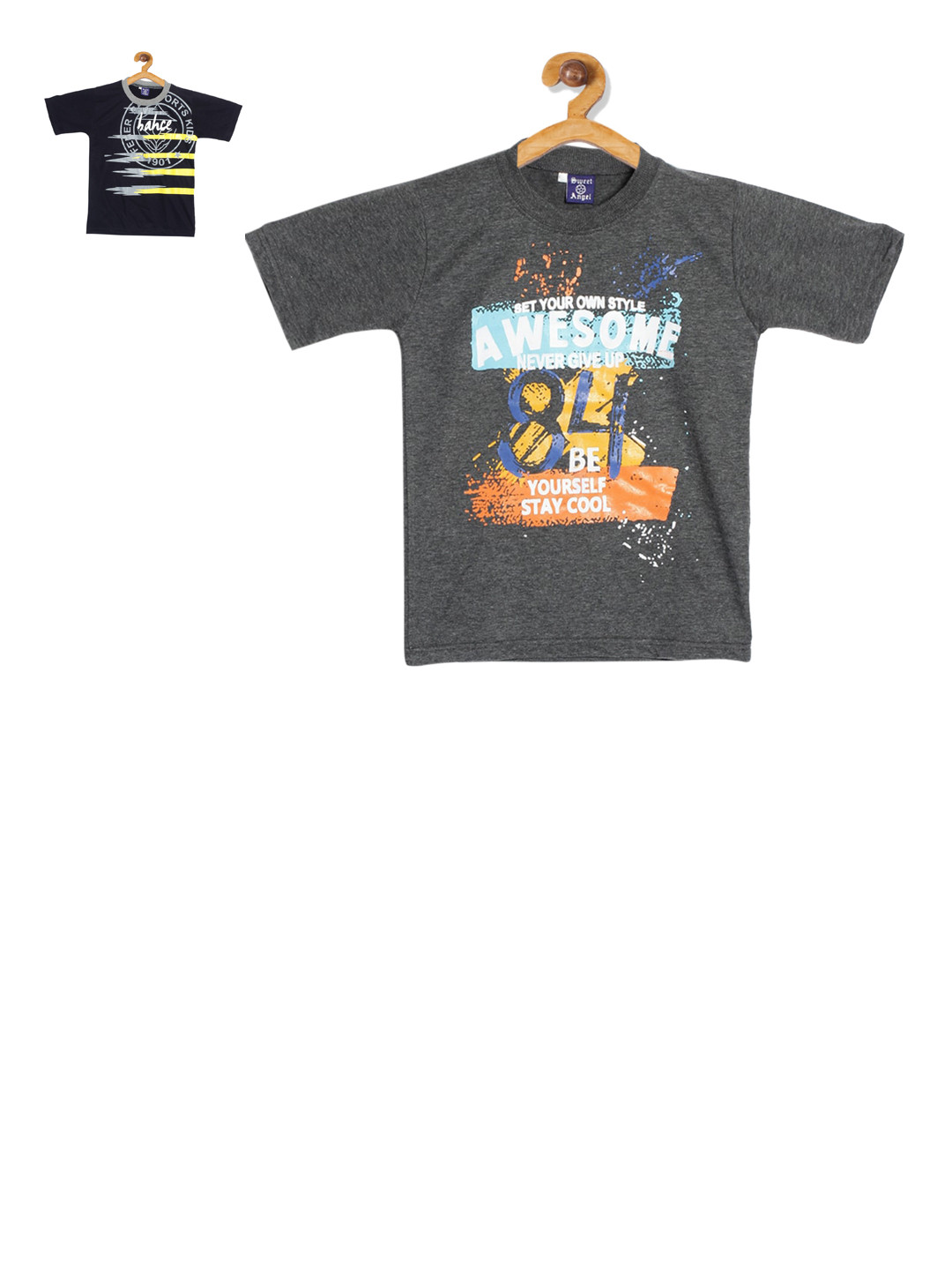 

SWEET ANGEL Boys Pack Of 2 Printed Round Neck Pure Cotton T-shirt, Charcoal