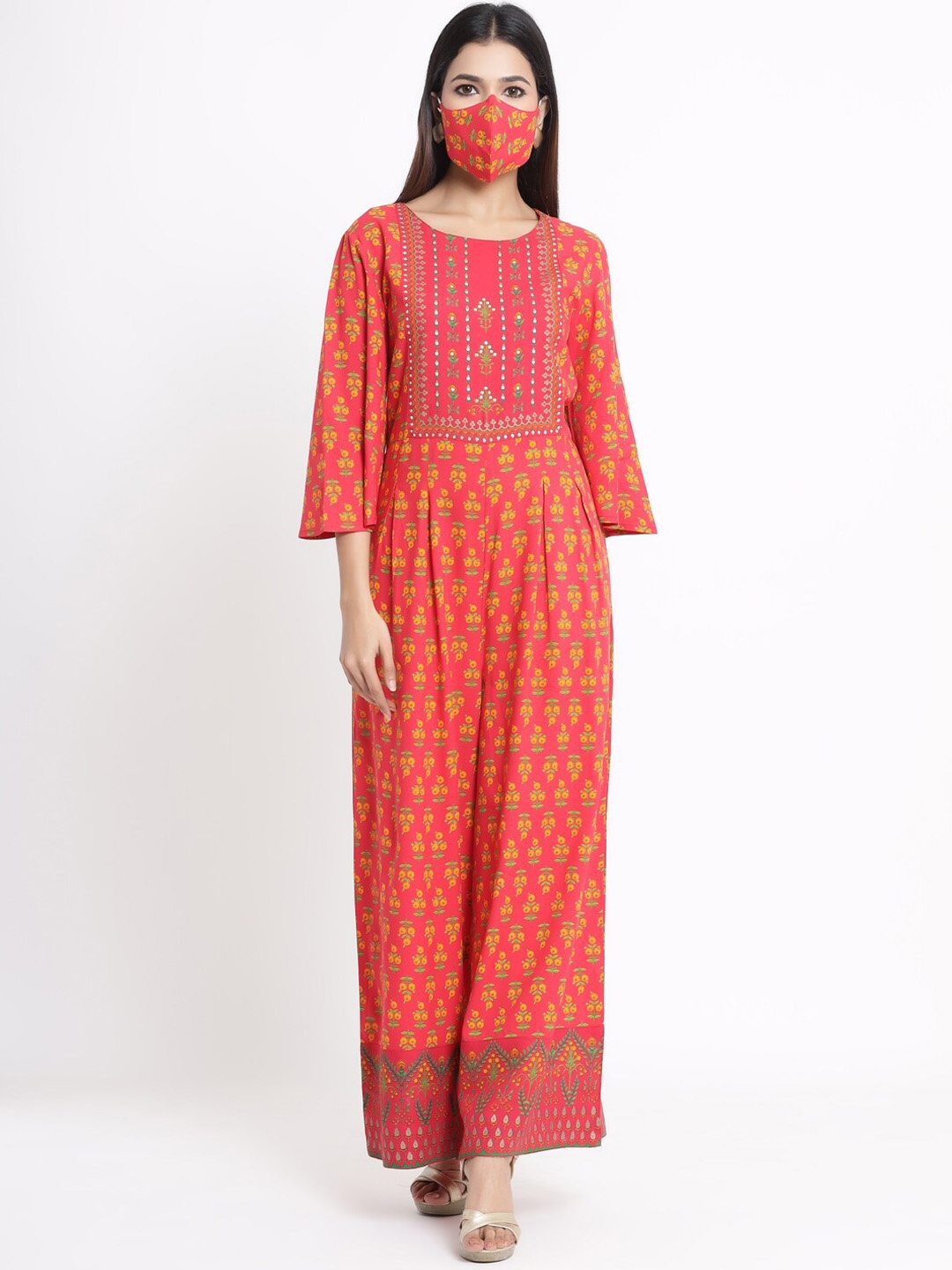 

Juniper Women Coral Red Yellow Embroidered Basic Jumpsuit