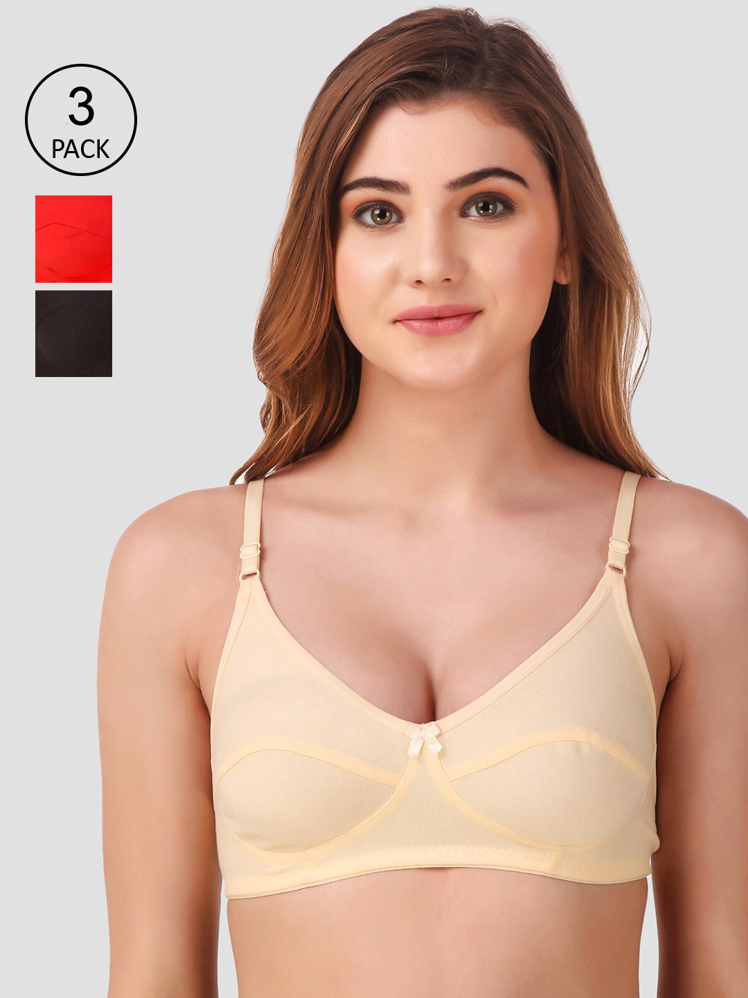 

Fasense Pack Of 3 Solid Non-Padded Non-Wired Everyday Bra BVCOM013F, Red