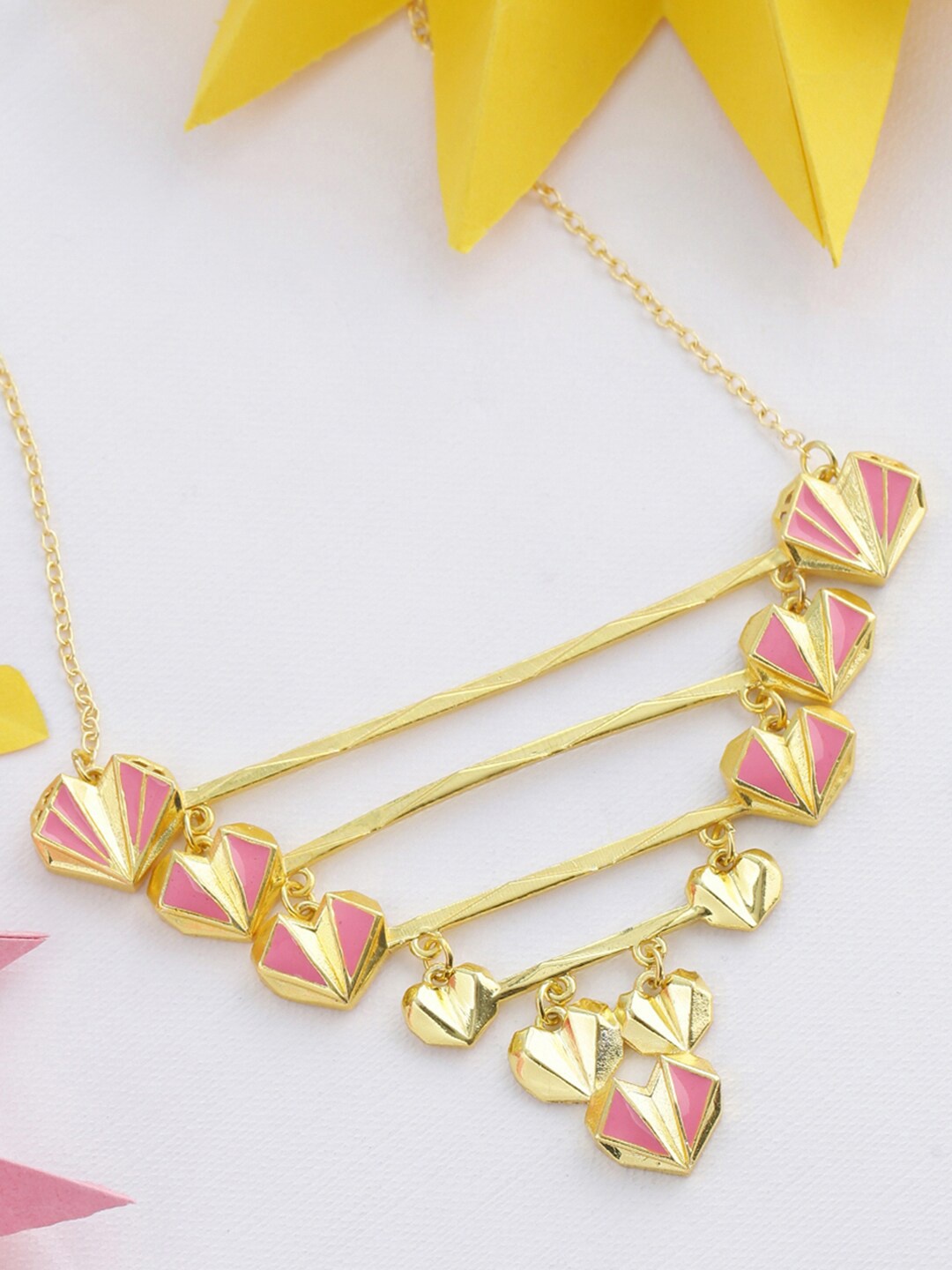 Voylla Gold-Plated Pink Hearts & Bars Statement Necklace