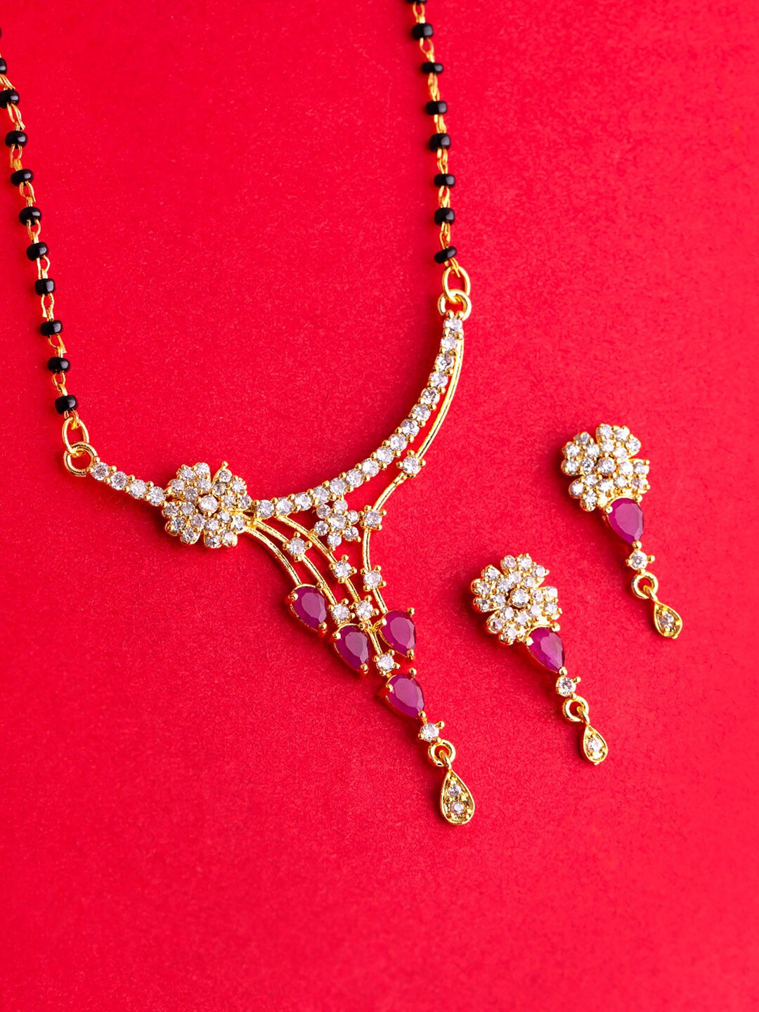 

Voylla Gold-Plated & Black Beaded CZ Studded Mangalsutra With Earrings