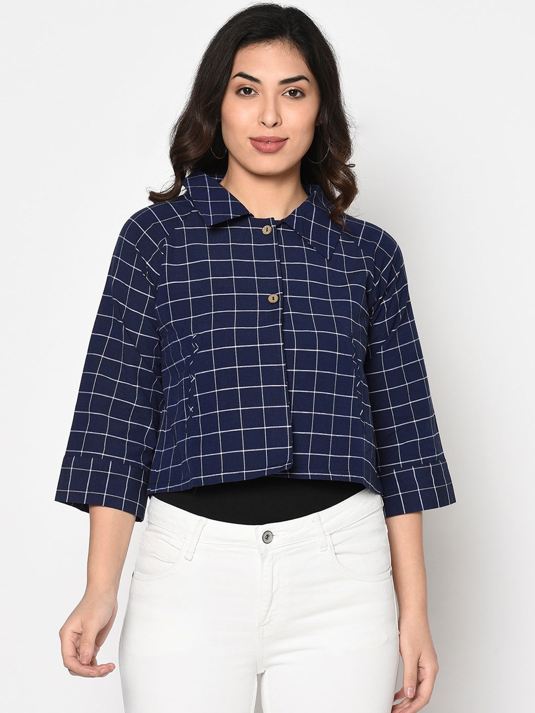 

FABNEST Women Navy Blue Checked Tailored Jacket