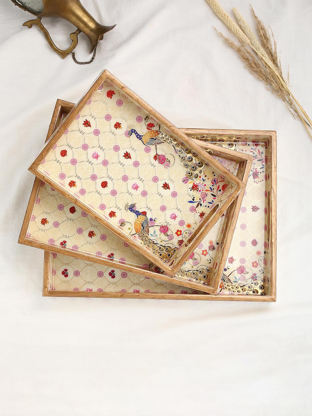 

Tistabene Set Of 3 Yellow & Pink Printed Trays