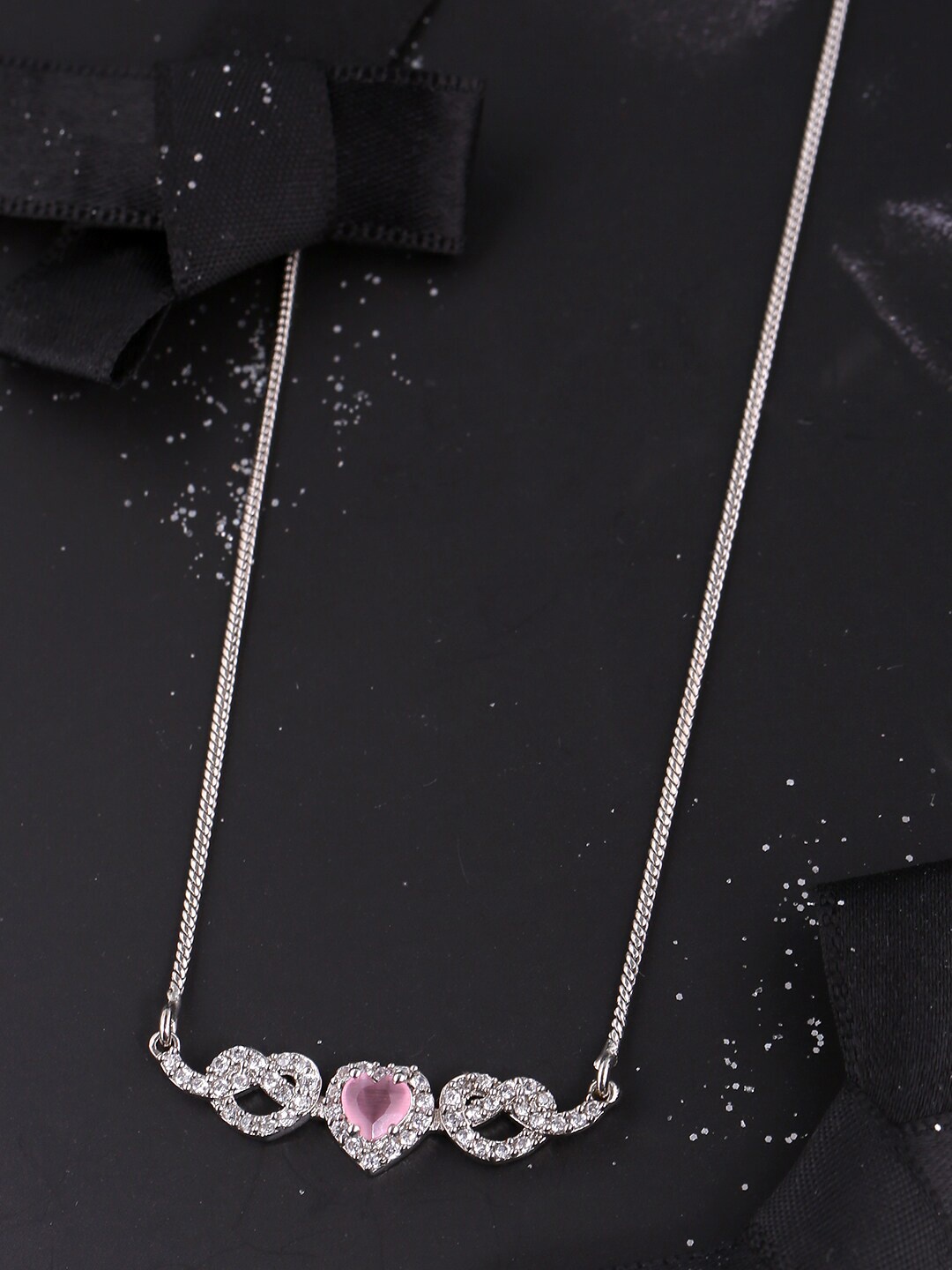 

Voylla Women Silver-Plated CZ-Studded Love Knots Three Hearts Pendant with Chain