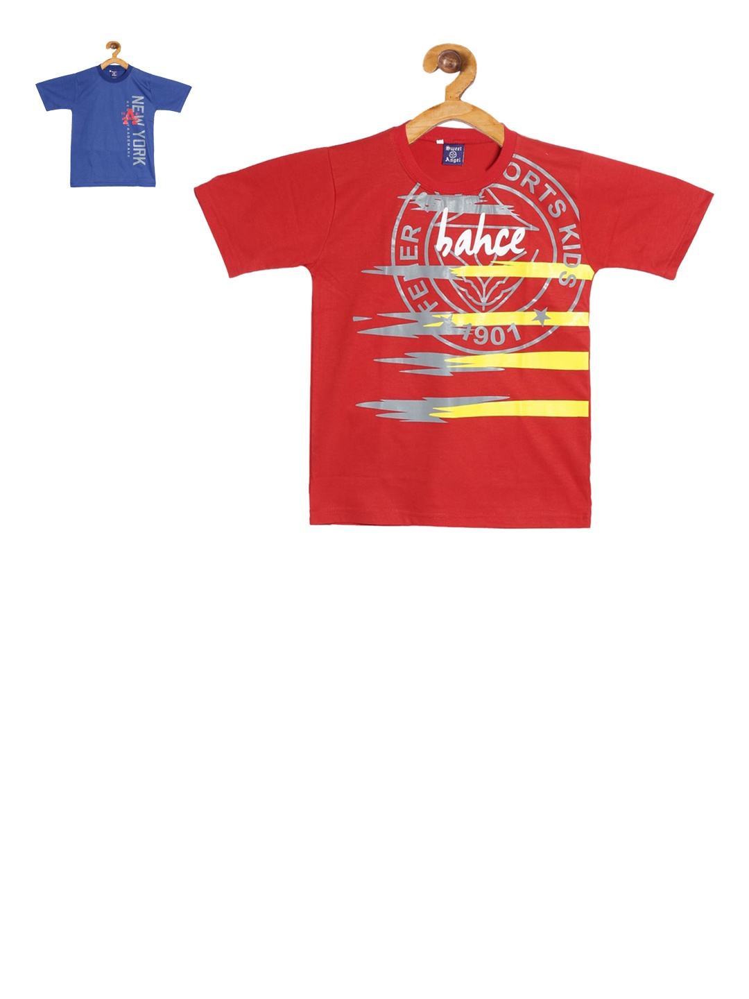 

SWEET ANGEL Boys Pack Of 2 Red Blue Printed Cotton Pure Cotton T-shirt
