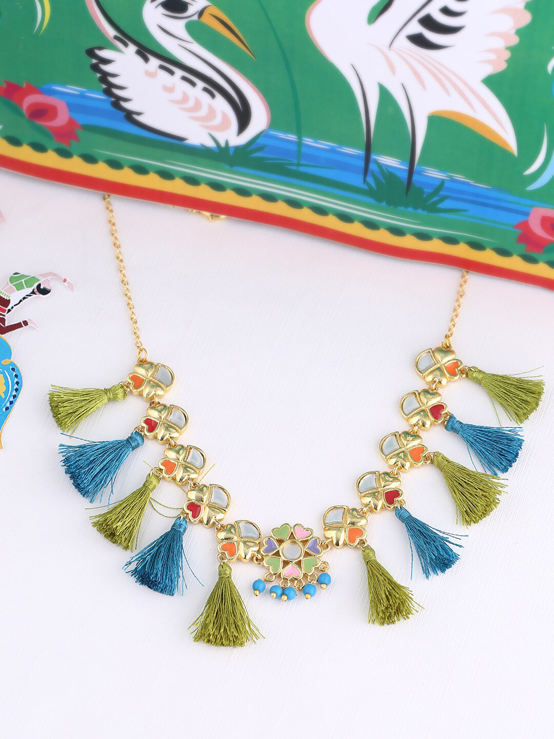 

Voylla Gold-Plated Green Enamel Studded Truck Art Rangoli Pattern Tasselled Necklace