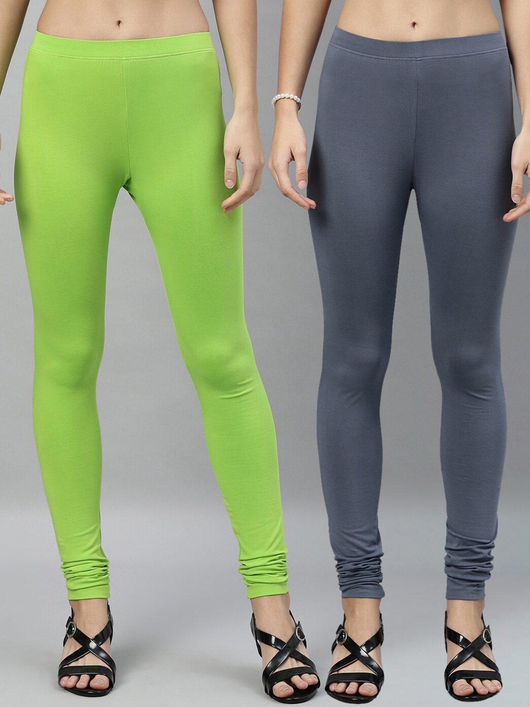 

Kryptic Women Pack Of 2 Solid Churidar-Length Leggings, Lime green