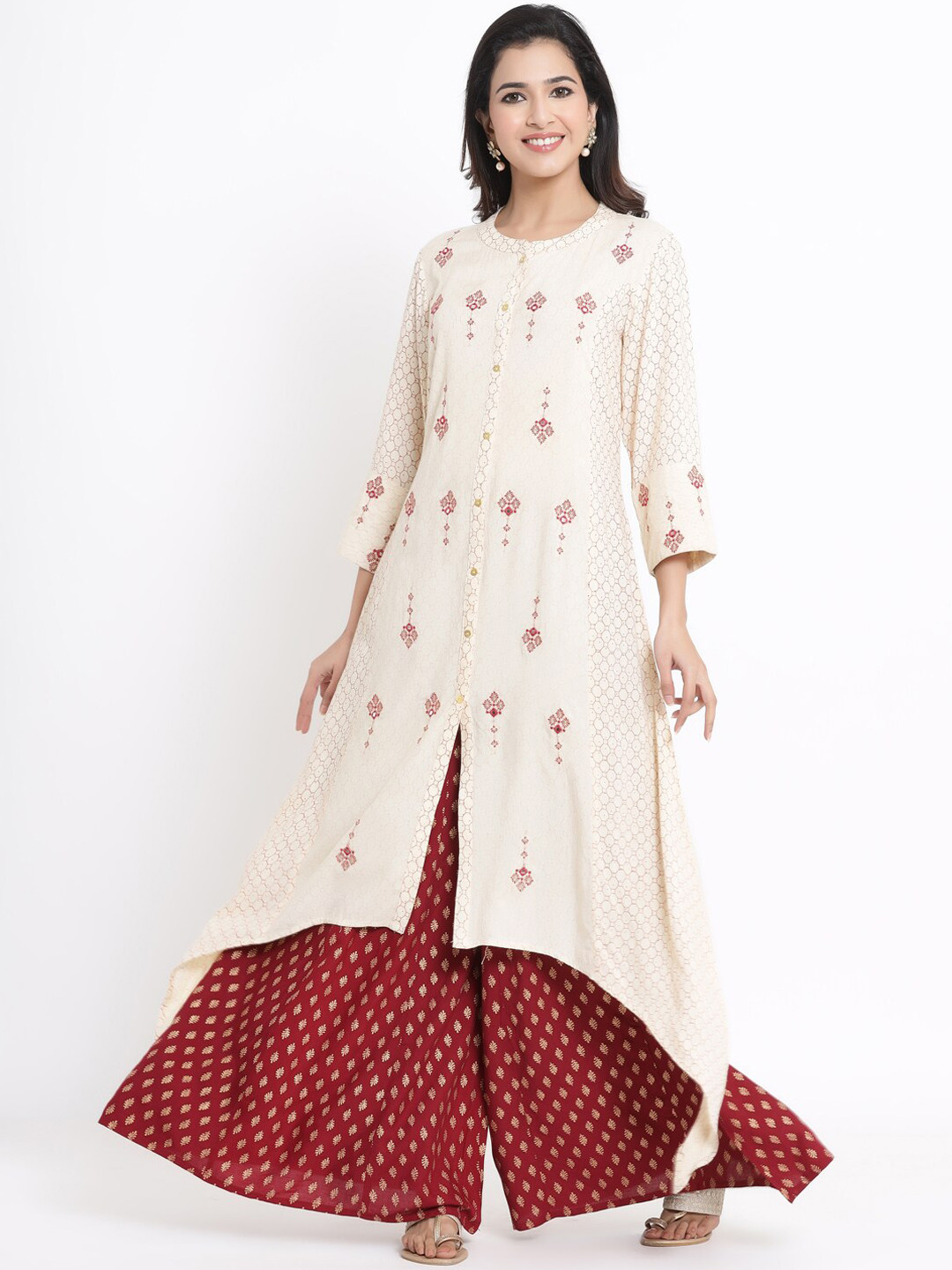 

Juniper Women Cream-Coloured & Maroon Woven Design Anarkali Kurta