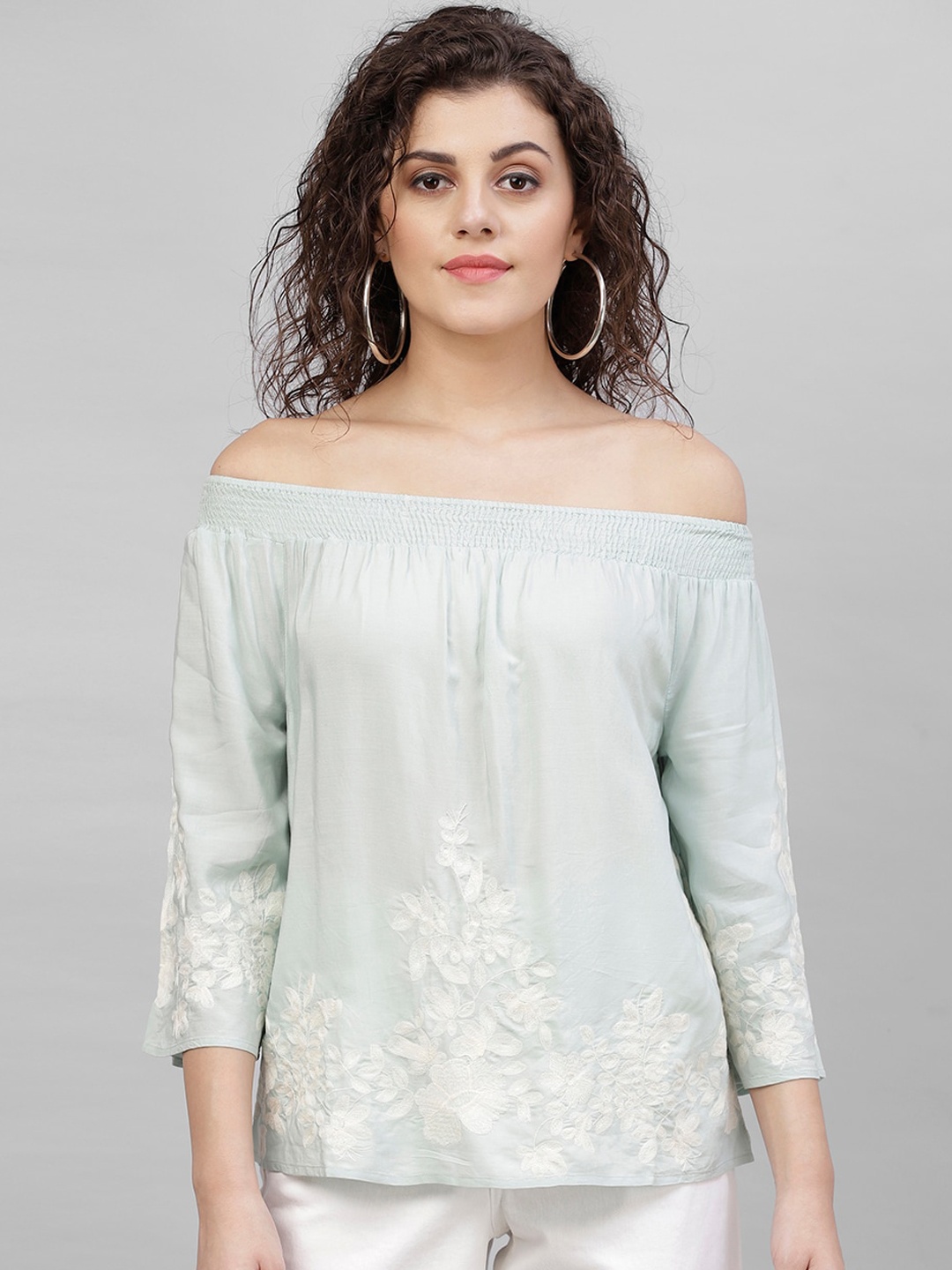 

Gipsy Women Blue Embroidered Bardot Top