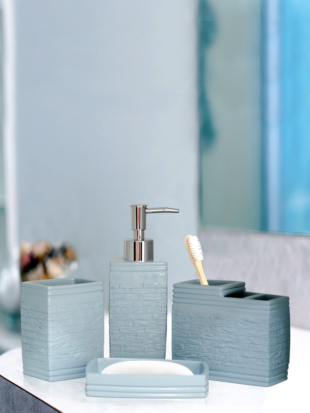 

Shresmo Set of 4 Blue Textured Bathroom Accessories