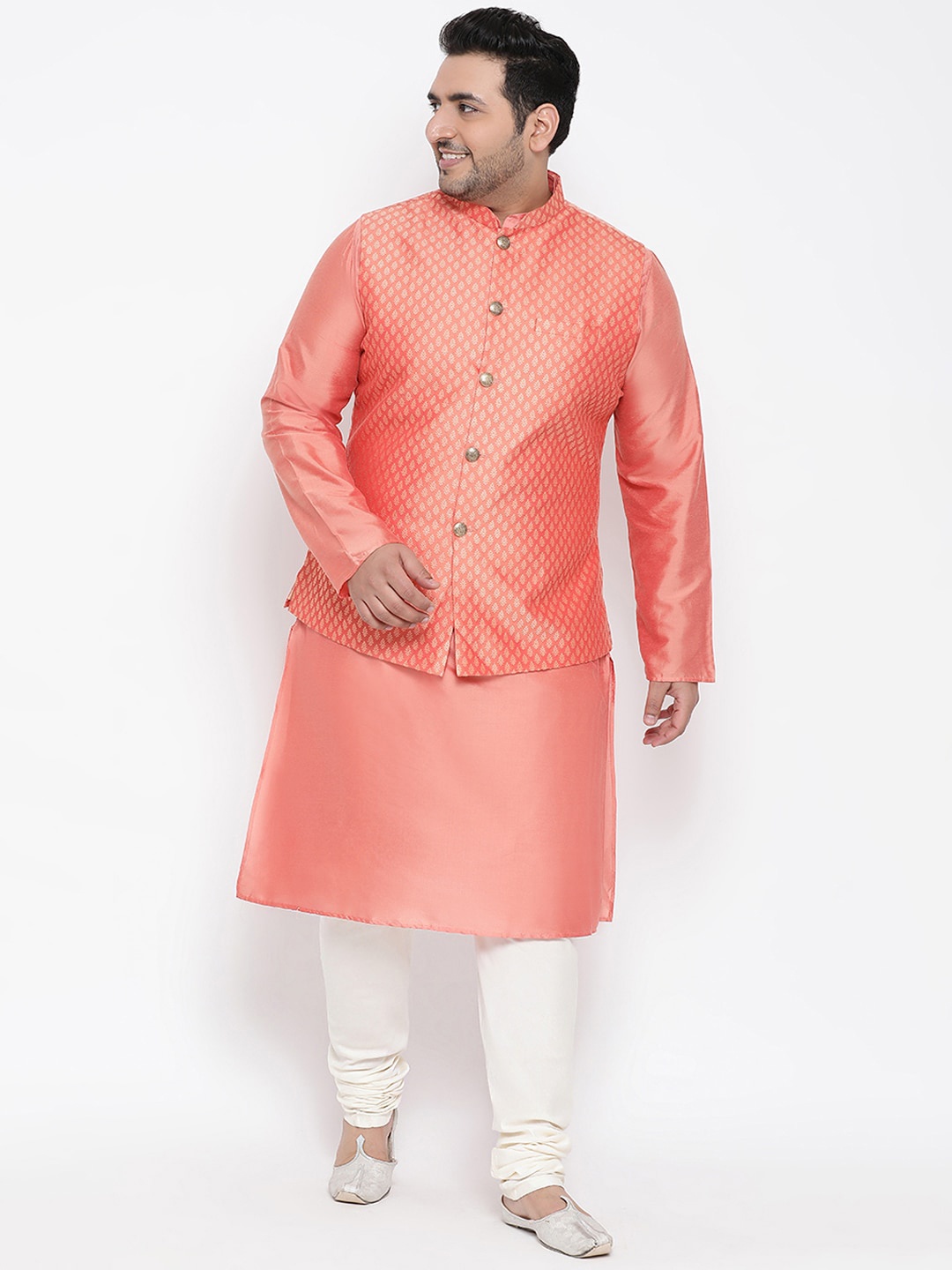 

KISAH PLUS Men Coral Woven Design Kurta with Churidar & Nehru Jacket