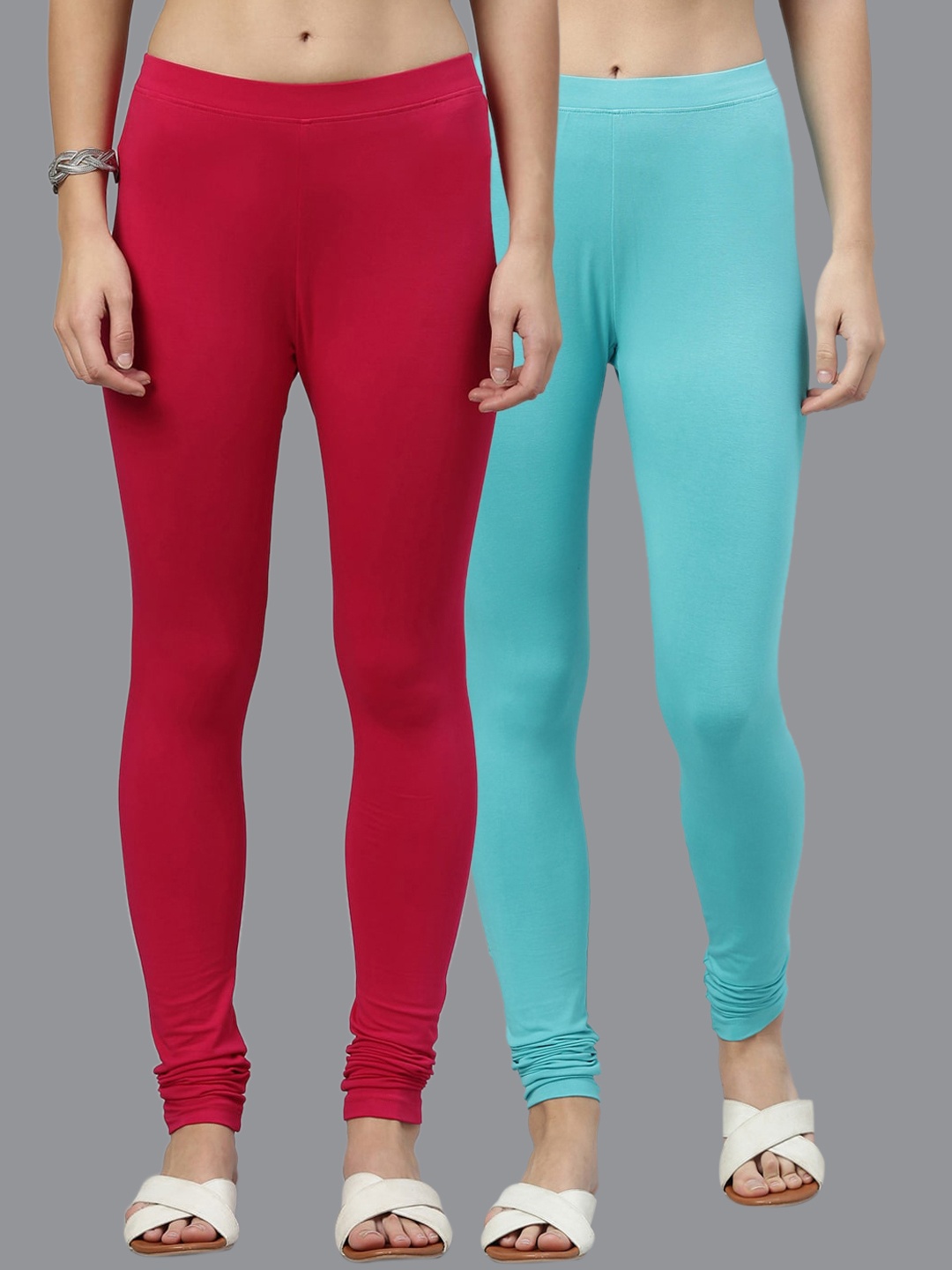 Kryptic Women Pack Of 2 Solid Churidar-Length Leggings, Turquoise blue