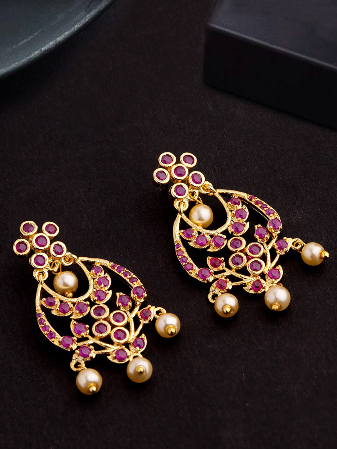 

Voylla Gold-Plated Faux Pearls & Zircon Gems Studded Contemporary Chandbalis