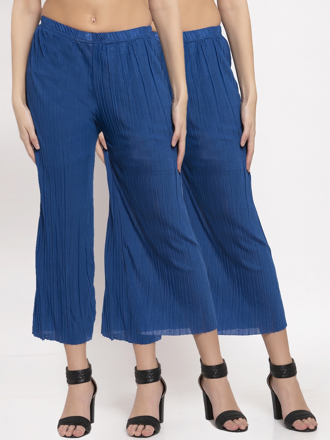 

KLOTTHE Women Pack Of 2 Blue Pleated Wide Leg Palazzos