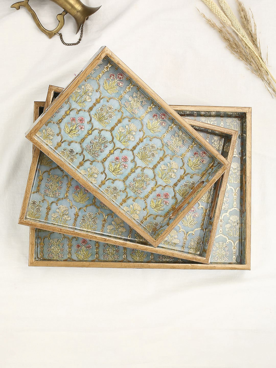 

Tistabene Set Of 3 Green & Gold-Coloured Printed Trays